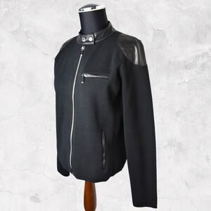 Ralph Lauren Black  Moto Jacket Faux Leather Trim Zip Front-Womens Size Petite M